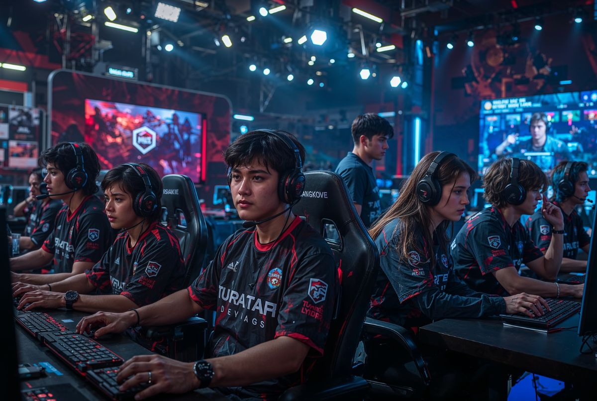 Kompetisi esports berlangsung di atas panggung besar dengan sorotan lampu dan pemain profesional sedang bertanding.
