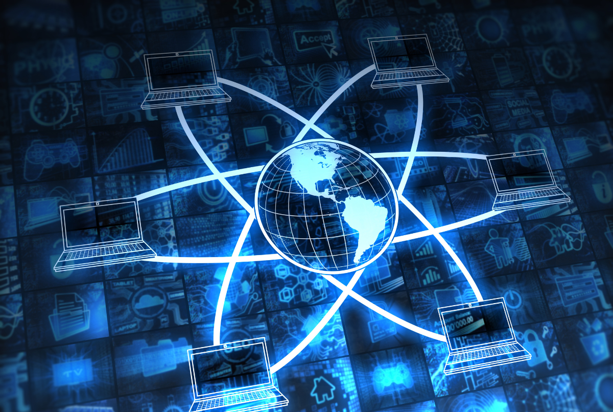 Ilustrasi controller game biru neon di tengah pola jaringan digital