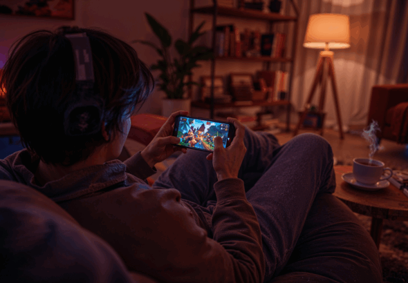 “Seorang pemain santai menikmati game offline seru di smartphone tanpa gangguan iklan, suasana kamar remang-remang dengan cahaya layar tajam”