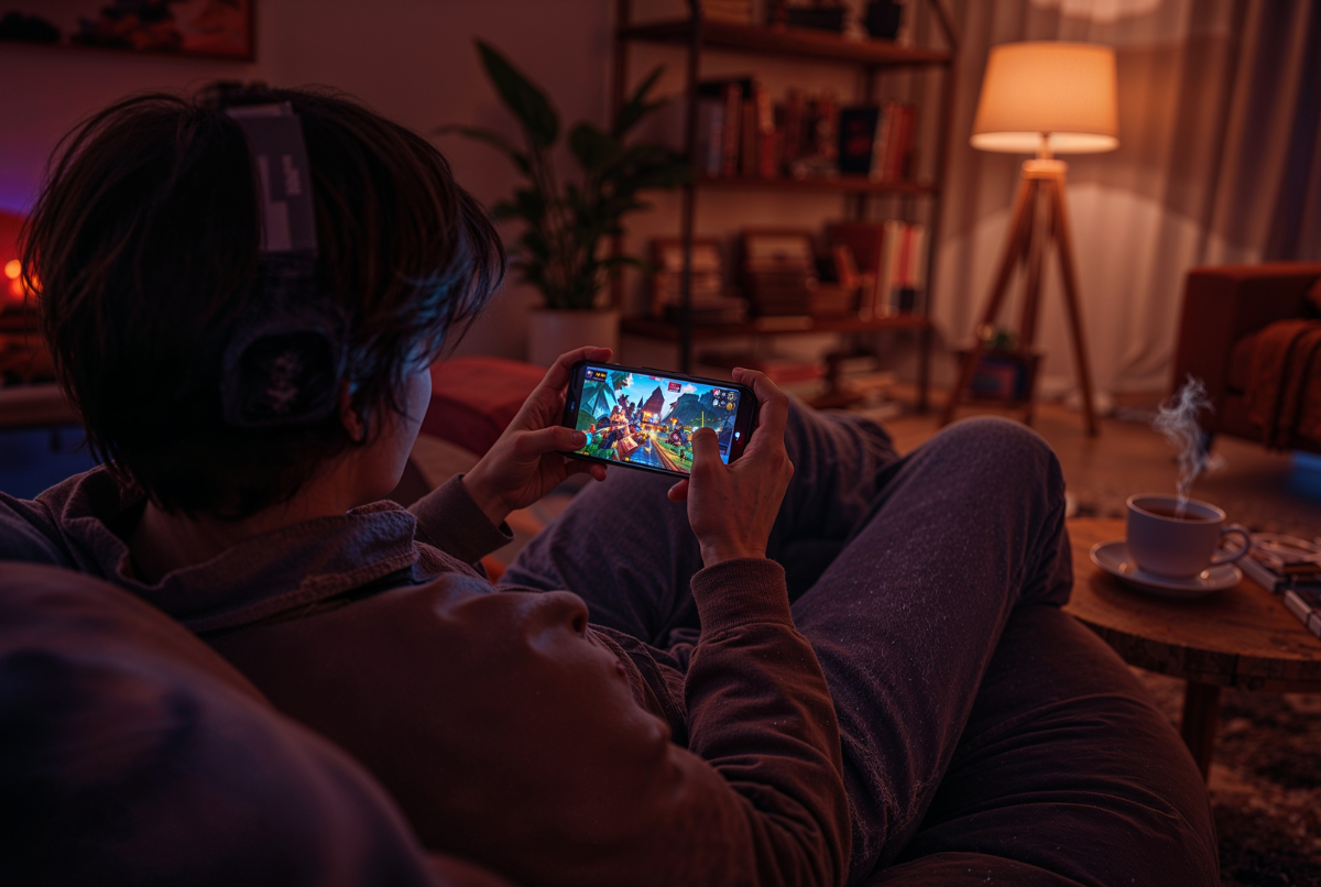 “Seorang pemain santai menikmati game offline seru di smartphone tanpa gangguan iklan, suasana kamar remang-remang dengan cahaya layar tajam”