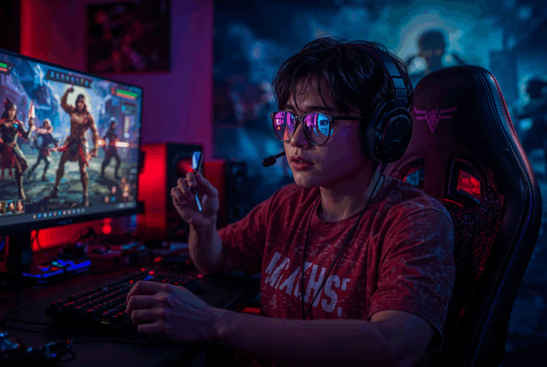 Seorang gamer fokus di depan layar PC dengan tampilan antarmuka rank Mythic di latar belakang