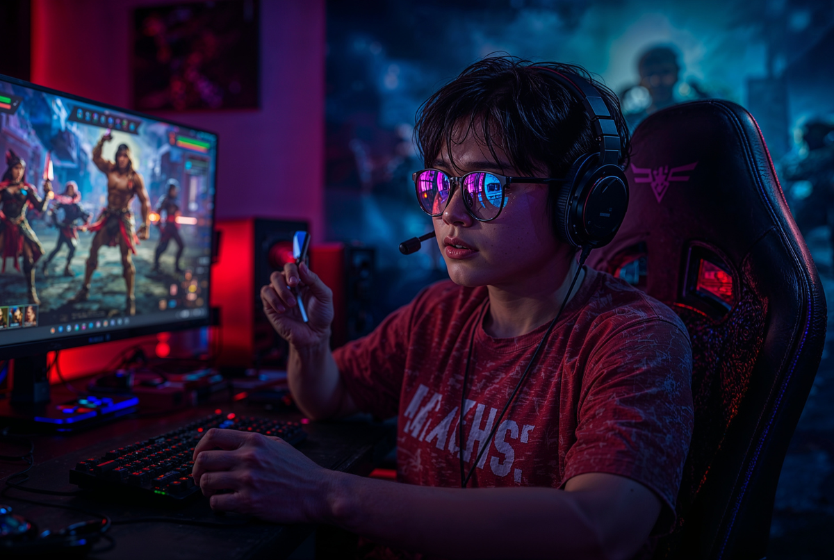 Seorang gamer fokus di depan layar PC dengan tampilan antarmuka rank Mythic di latar belakang