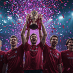 Tim Tundra Esports mengangkat trofi Aegis setelah menjuarai The International dengan sorak sorai penonton dan kilatan kamera.