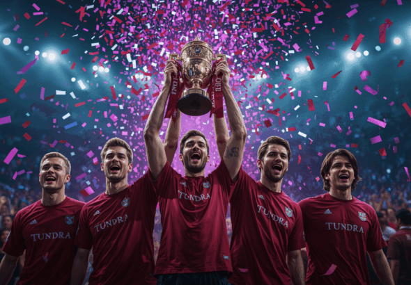 Tim Tundra Esports mengangkat trofi Aegis setelah menjuarai The International dengan sorak sorai penonton dan kilatan kamera.