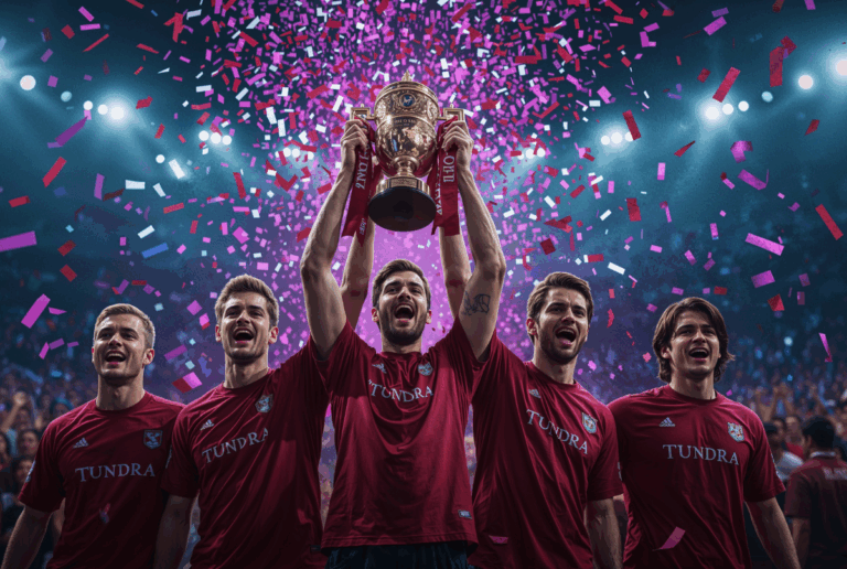 Tim Tundra Esports mengangkat trofi Aegis setelah menjuarai The International dengan sorak sorai penonton dan kilatan kamera.