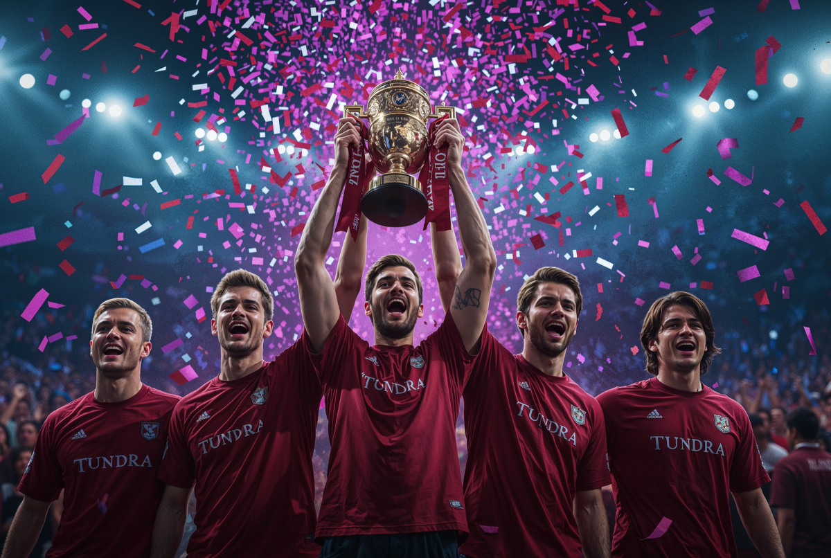 Tim Tundra Esports mengangkat trofi Aegis setelah menjuarai The International dengan sorak sorai penonton dan kilatan kamera.