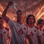Ilustrasi epik tim Alter Ego Esports mengenakan jersey putih-merah dalam suasana turnamen penuh semangat