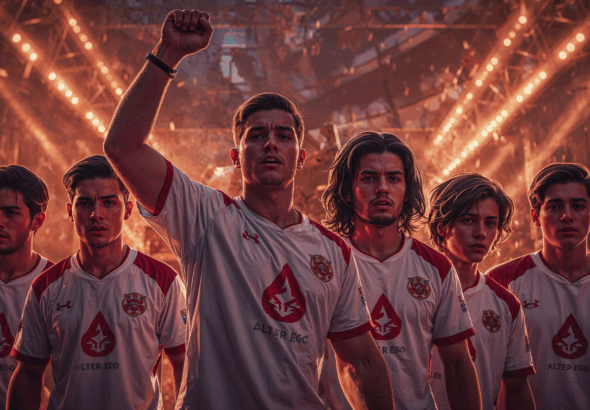 Ilustrasi epik tim Alter Ego Esports mengenakan jersey putih-merah dalam suasana turnamen penuh semangat