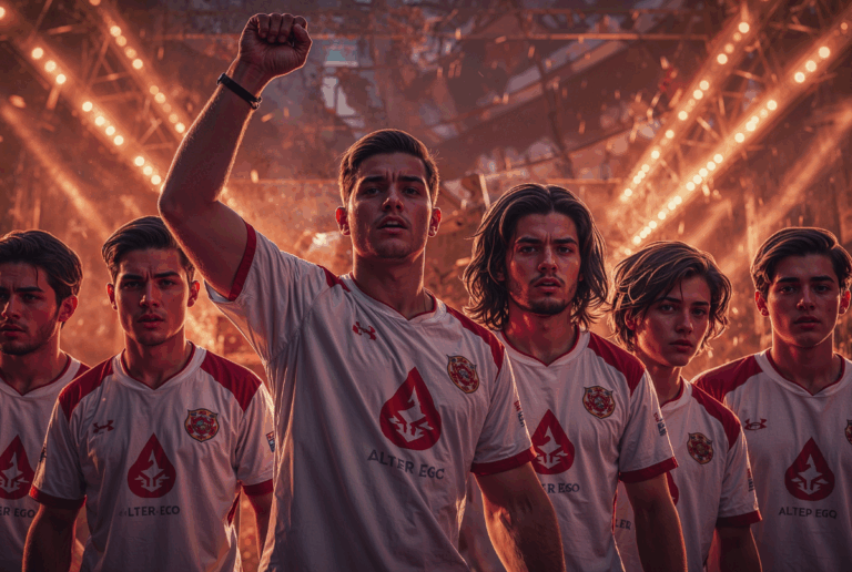 Ilustrasi epik tim Alter Ego Esports mengenakan jersey putih-merah dalam suasana turnamen penuh semangat