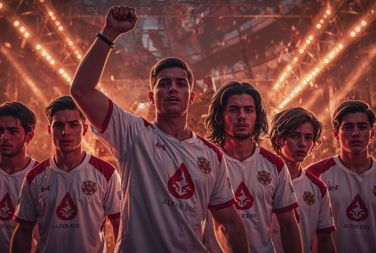 Ilustrasi epik tim Alter Ego Esports mengenakan jersey putih-merah dalam suasana turnamen penuh semangat