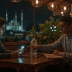 Gamer malam hari merenung di depan layar Mobile Legend, lampu redup bernuansa debat halal haram
