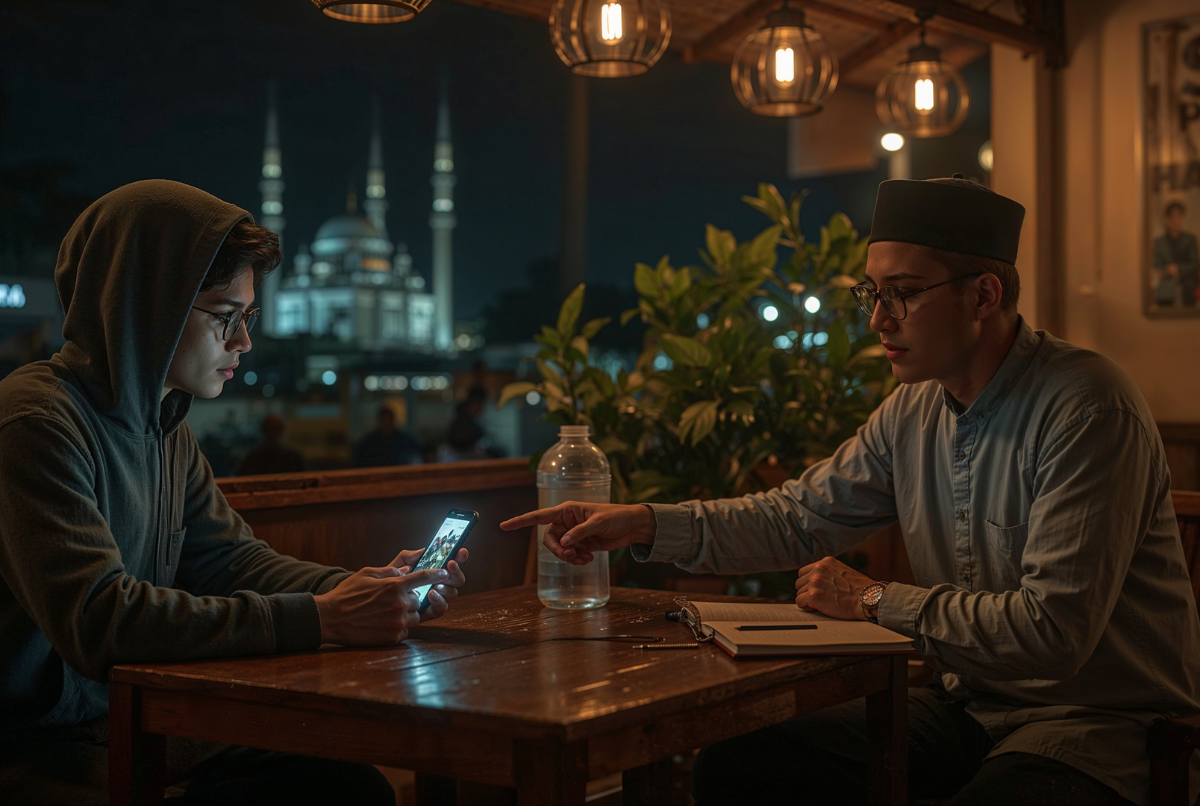 Gamer malam hari merenung di depan layar Mobile Legend, lampu redup bernuansa debat halal haram