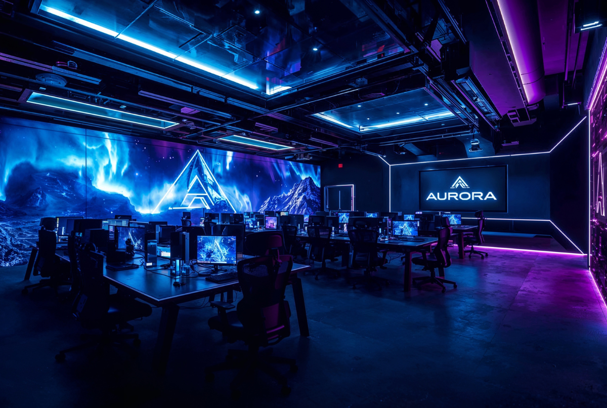 markas tim aurora esports dengan desain modern dan futuristik