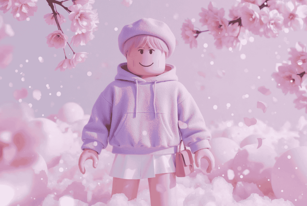 Avatar Roblox gaya soft girl pastel dengan hoodie ungu dan topi baret pink
