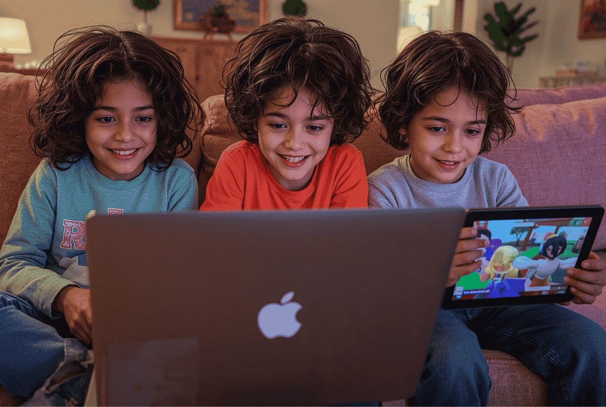 Anak-anak bermain Roblox di laptop dan tablet dengan suasana santai di ruang keluarga