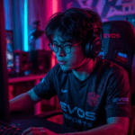 Pemain EVOS Esports fokus bertanding di depan layar komputer dengan pencahayaan neon biru dan merah di ruang gaming profesional.