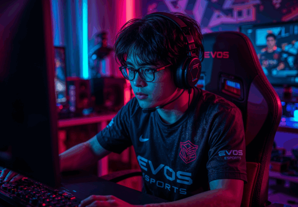 Pemain EVOS Esports fokus bertanding di depan layar komputer dengan pencahayaan neon biru dan merah di ruang gaming profesional.