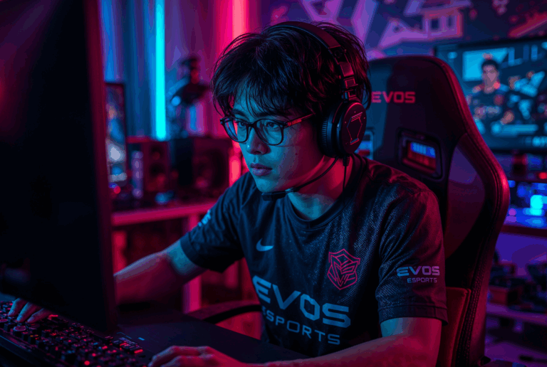Pemain EVOS Esports fokus bertanding di depan layar komputer dengan pencahayaan neon biru dan merah di ruang gaming profesional.