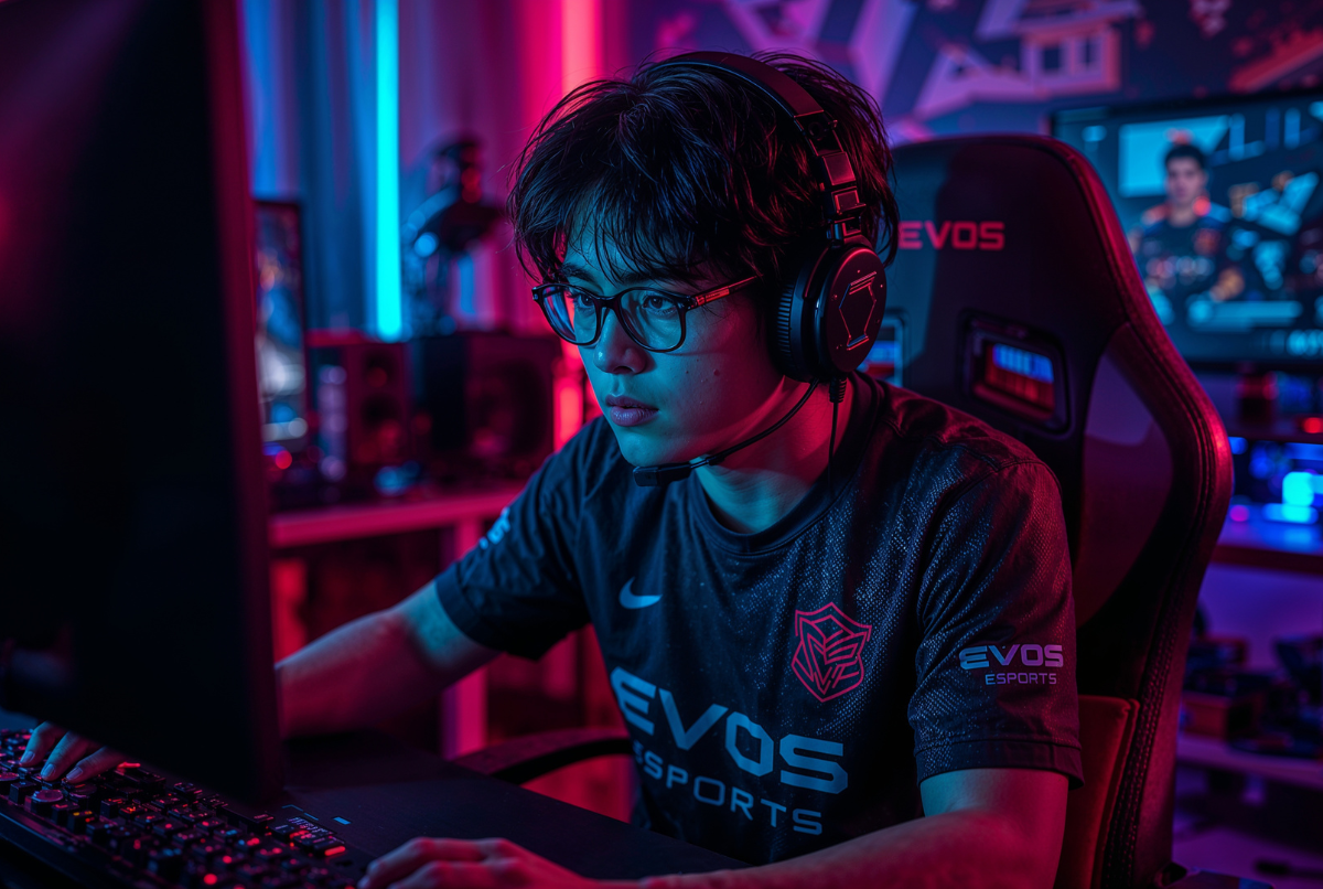 Pemain EVOS Esports fokus bertanding di depan layar komputer dengan pencahayaan neon biru dan merah di ruang gaming profesional.