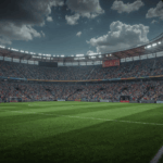 “Stadion malam hari di game fifa mobile, lampu sorot menyinari lapangan hijau penuh penonton”
