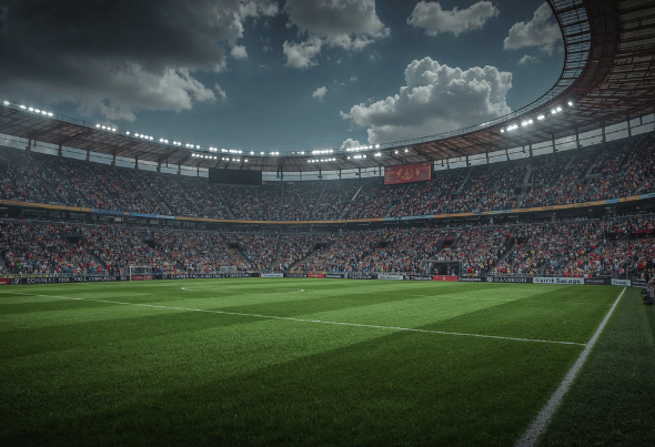 “Stadion malam hari di game fifa mobile, lampu sorot menyinari lapangan hijau penuh penonton”