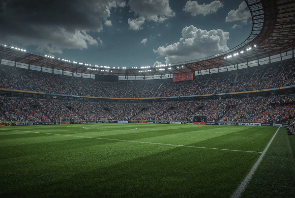 “Stadion malam hari di game fifa mobile, lampu sorot menyinari lapangan hijau penuh penonton”
