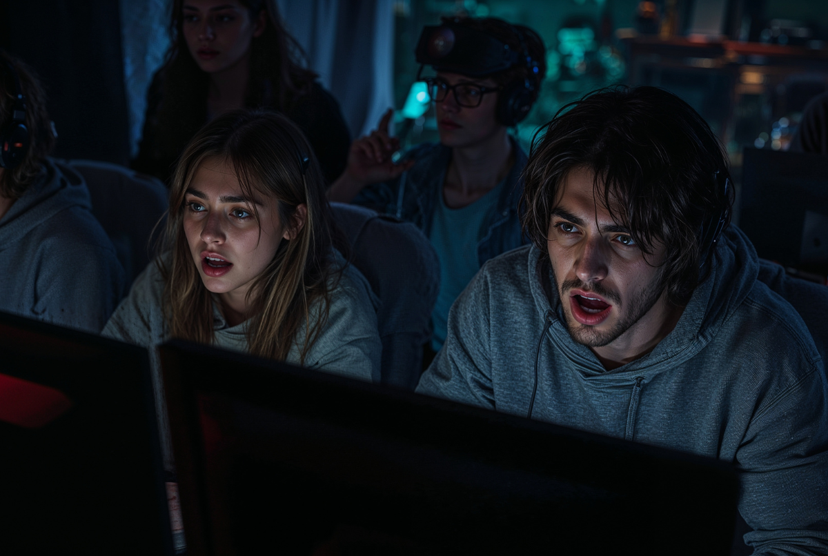 Pemain sedang bermain game horor online multiplayer bersama teman dalam ruangan gelap