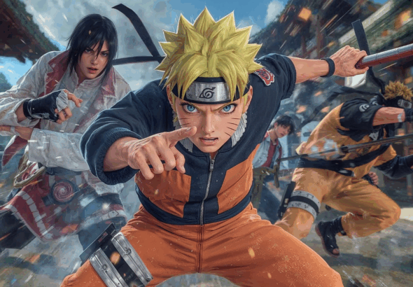 Ilustrasi karakter Naruto dan ninja lainnya dari game Naruto Mobile sedang bertarung di medan rahasia