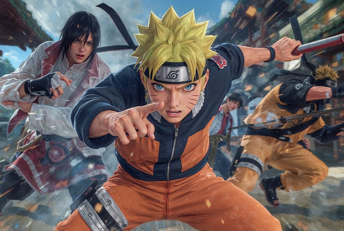 Ilustrasi karakter Naruto dan ninja lainnya dari game Naruto Mobile sedang bertarung di medan rahasia