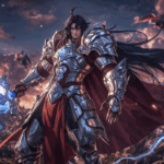 Karakter hero epik di medan perang dari game RPG mobile dengan armor merah perak dan pedang petir