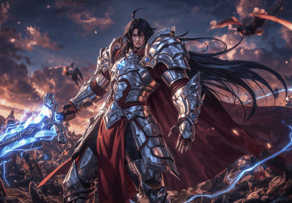 Karakter hero epik di medan perang dari game RPG mobile dengan armor merah perak dan pedang petir
