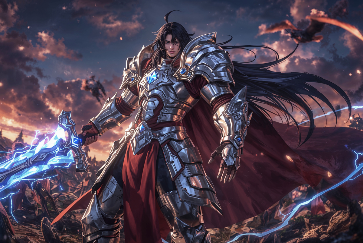 Karakter hero epik di medan perang dari game RPG mobile dengan armor merah perak dan pedang petir