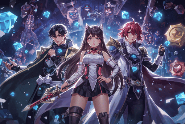 Ilustrasi hero Mobile Legends dengan latar penuh diamond biru dan efek cahaya, menggambarkan top up harga diamond Mobile Legend terbaik