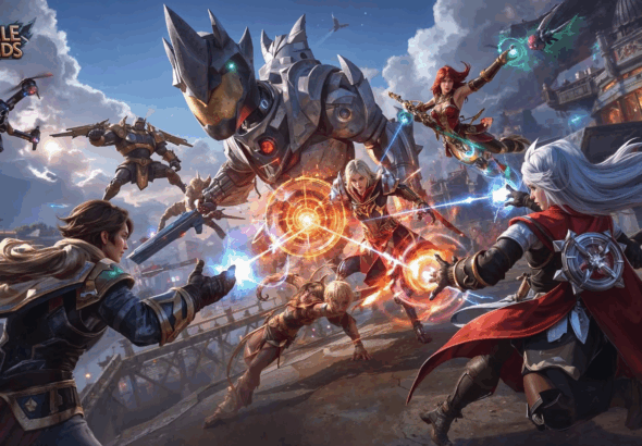 lima mod Mobile Legends populer: map hack, drone view, skin gratis, diamond unlimited, dan auto aim – latar pertarungan epik Land of Dawn.