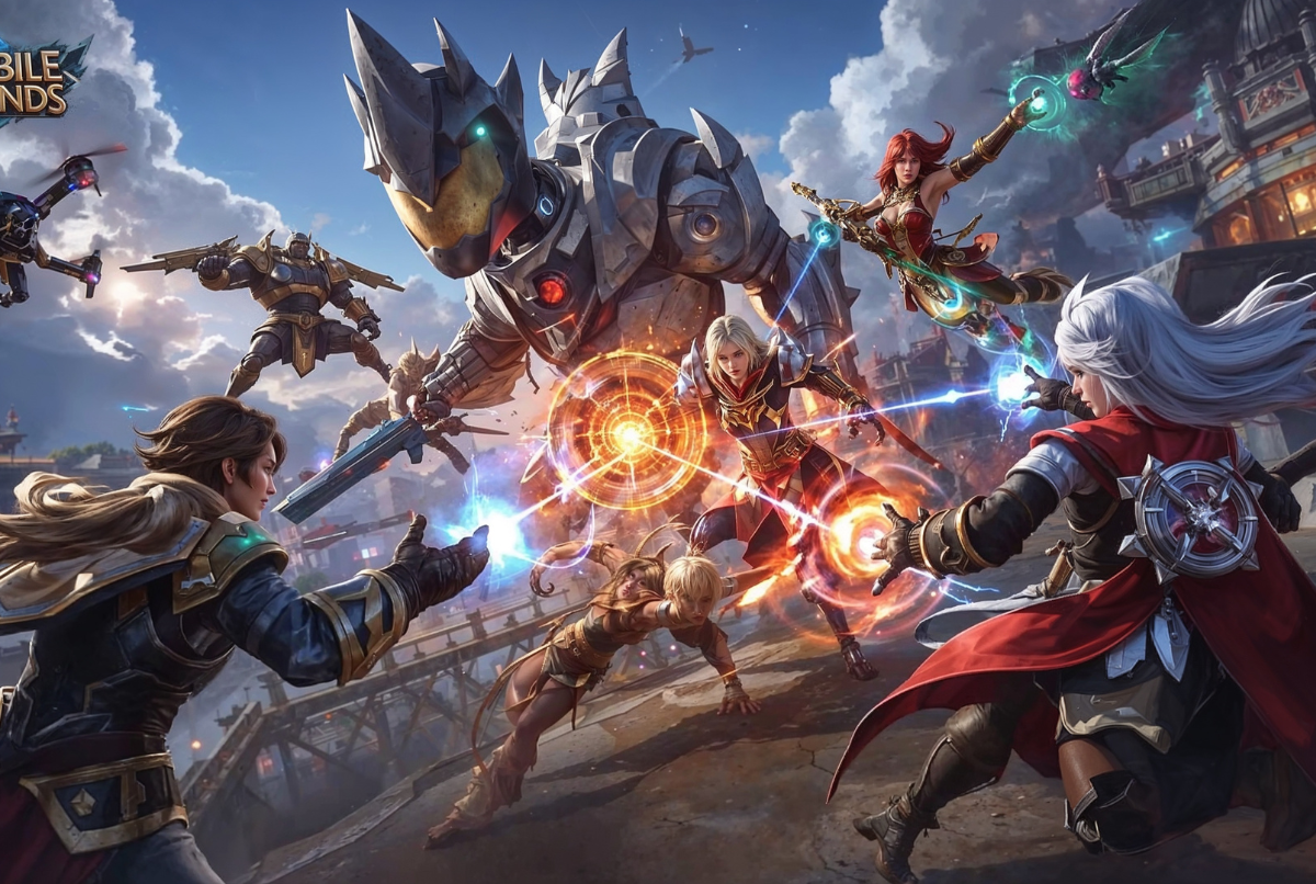 lima mod Mobile Legends populer: map hack, drone view, skin gratis, diamond unlimited, dan auto aim – latar pertarungan epik Land of Dawn.