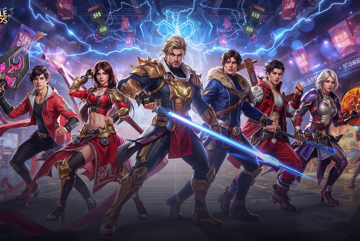 Ilustrasi tim Onic Esports sedang beraksi dalam formasi hero Mobile Legends