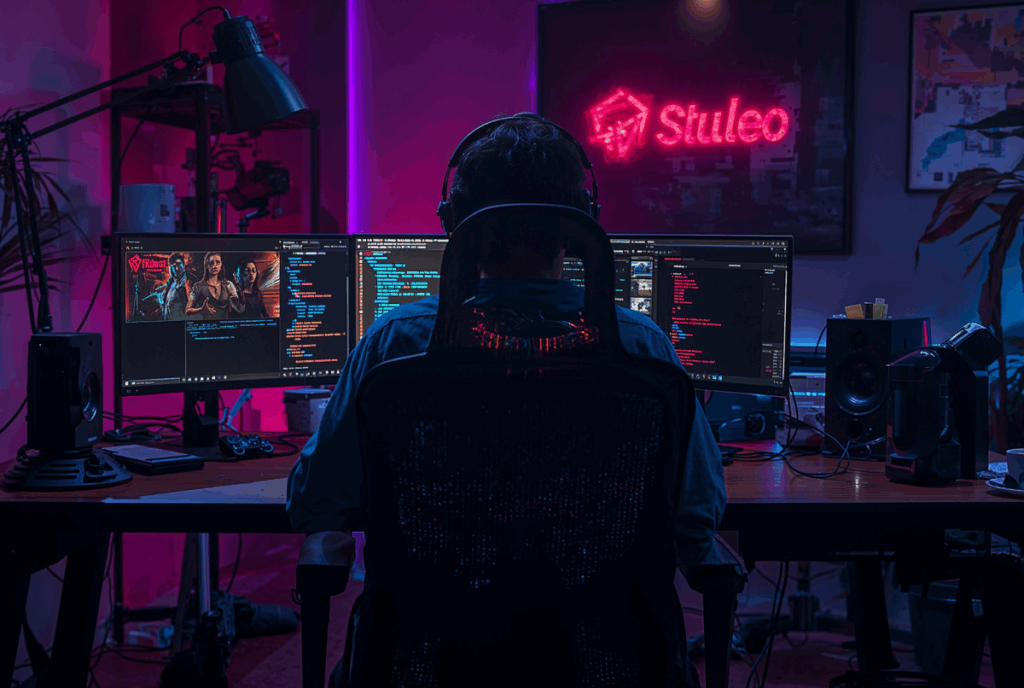 Siluet developer menghadap layar monitor di studio bernuansa neon, merepresentasikan profesi pembuat game disebut developer.