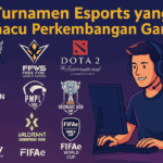 Ilustrasi turnamen esports yang memacu perkembangan game di Indonesia, menampilkan logo MPL, FFWS, PMPL, Dota 2, FIFAe, dan gamer dengan headset di depan komputer.