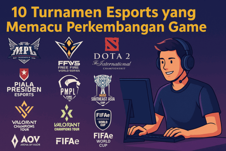 Ilustrasi turnamen esports yang memacu perkembangan game di Indonesia, menampilkan logo MPL, FFWS, PMPL, Dota 2, FIFAe, dan gamer dengan headset di depan komputer.