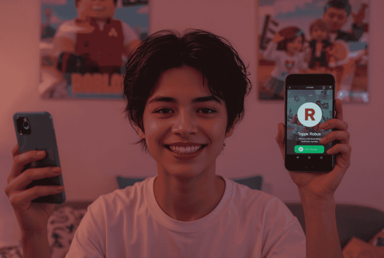 Remaja Indonesia sedang top up Robux dengan gembira di kamar