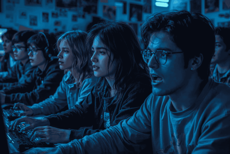 Sekelompok anak muda bermain game di warnet kecil dengan suasana malam dan cahaya neon biru.