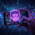 Ilustrasi vpn untuk game mobile legend dengan smartphone dan ikon perisai VPN di peta Asia Tenggara