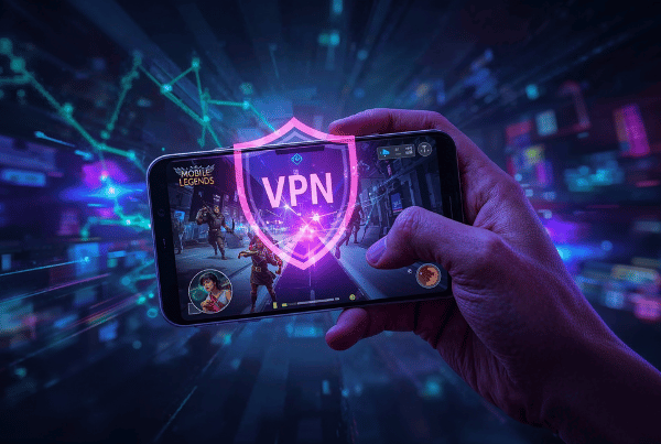 Ilustrasi vpn untuk game mobile legend dengan smartphone dan ikon perisai VPN di peta Asia Tenggara
