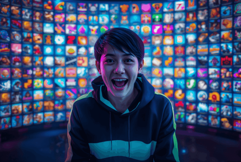 ilustrasi gamer profesional di depan layar besar, dikelilingi ikon 1000 game gratis