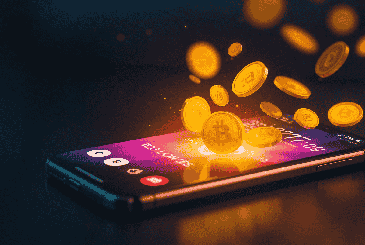 Orang muda tersenyum sambil bermain game di HP dan melihat saldo DANA bertambah.