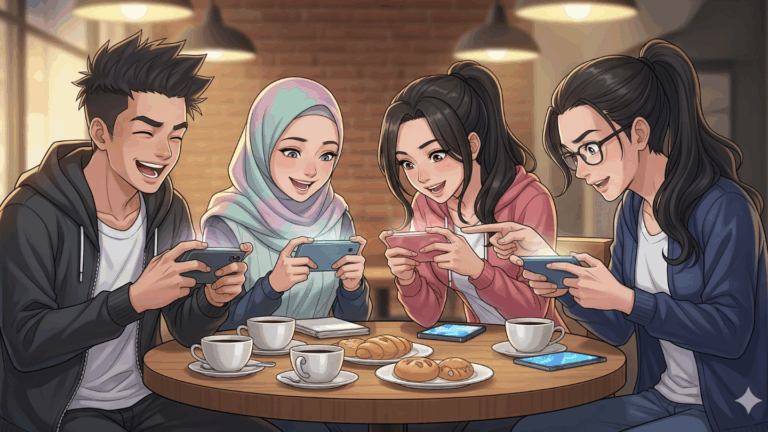 Teman-teman Indonesia bermain game mobile bersama di kafe sambil tertawa.