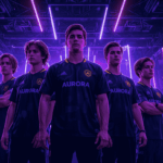 Lima pemain Aurora Esports berdiri di panggung neon siap bertanding
