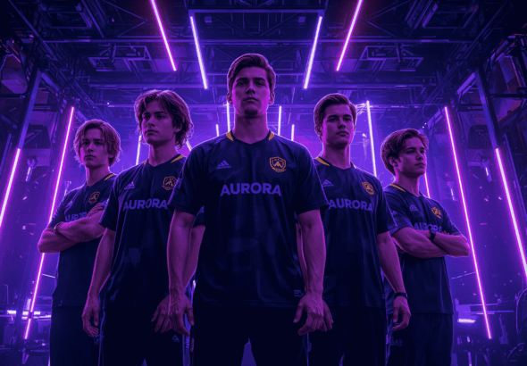 Lima pemain Aurora Esports berdiri di panggung neon siap bertanding
