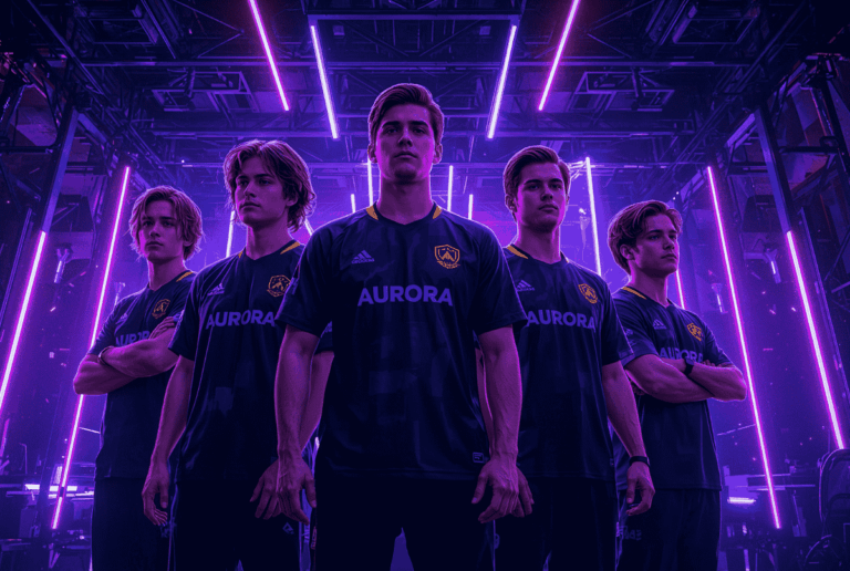 Lima pemain Aurora Esports berdiri di panggung neon siap bertanding