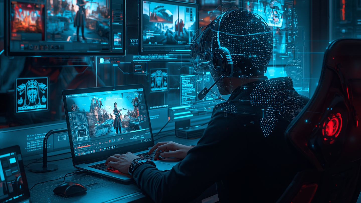 Gamer bermain game AAA lewat laptop dengan teknologi cloud gaming.